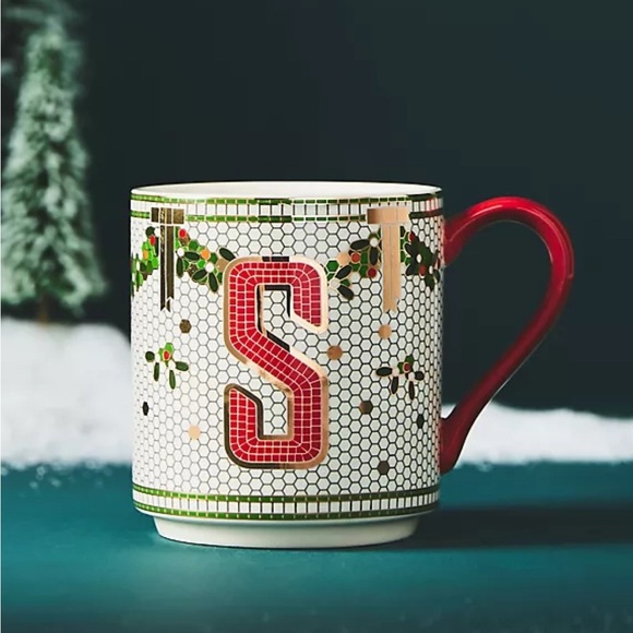 Anthropologie Bistro Tile Stoneware Monogram S Festive Edition Coffee Mug NWT - Picture 9 of 9